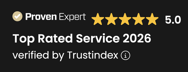 ProvenExpert: Top Rated Service 2026, 5,0 Sterne, verifiziert durch Trustindex