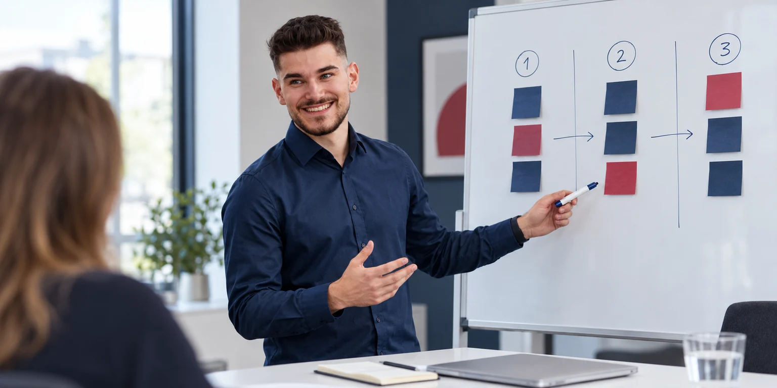 KI-Visualisierung: Moritz Benner erklärt einer Teilnehmerin den gemeinsamen Fahrplan am Whiteboard.