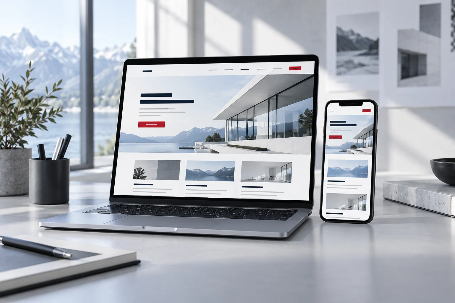 Website-Konzept auf Laptop und Smartphone in einem hellen Studio.